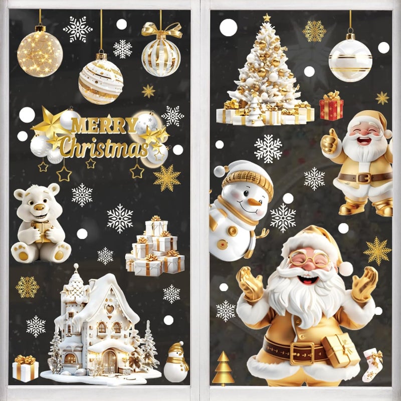 DADILL Christmas Window Clings - 159 PCS Double-Side Decorations for Glass Windows, 3D Golden Santa Claus Xmas Decals for Indoor Shop Party Decor, New Year White Stickers Supplies - Image 1